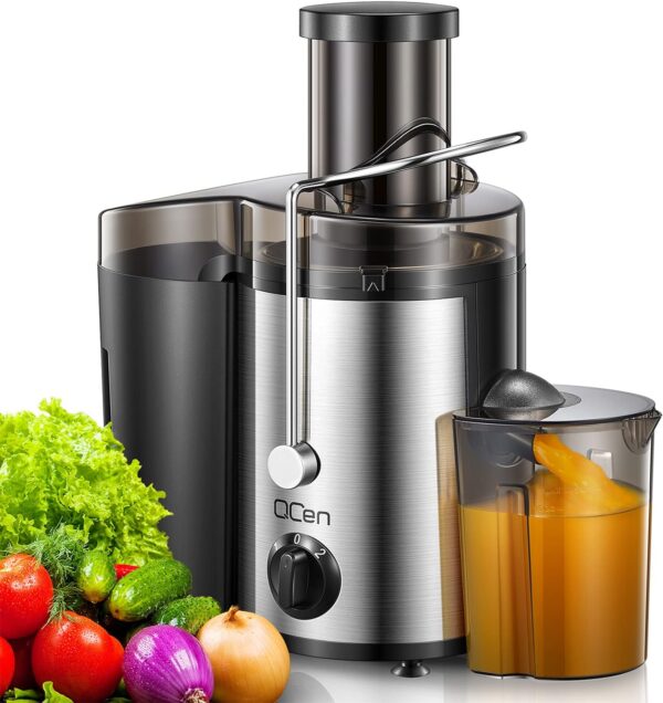 Qcen Juicer Machine, 500W Centrifugal Juicer Extractor with Wide Mouth 3” Feed Chute for Fruit Vegetable, Easy to Clean, Stainless Steel, BPA-free (Black) - Image 2