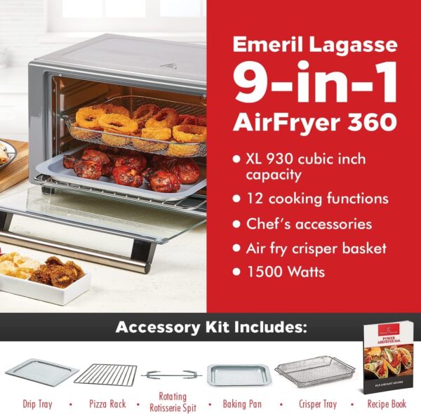 Emeril Lagasse Everyday 360 Stainless Steel Air Fryer, 360° Quick Cook Technology, XL capacity, 9-in-1, 12 Pre-Set Cooking Functions including Bake, Rotisserie, Broil, Pizza, Slow Cook, Toaster - Image 3