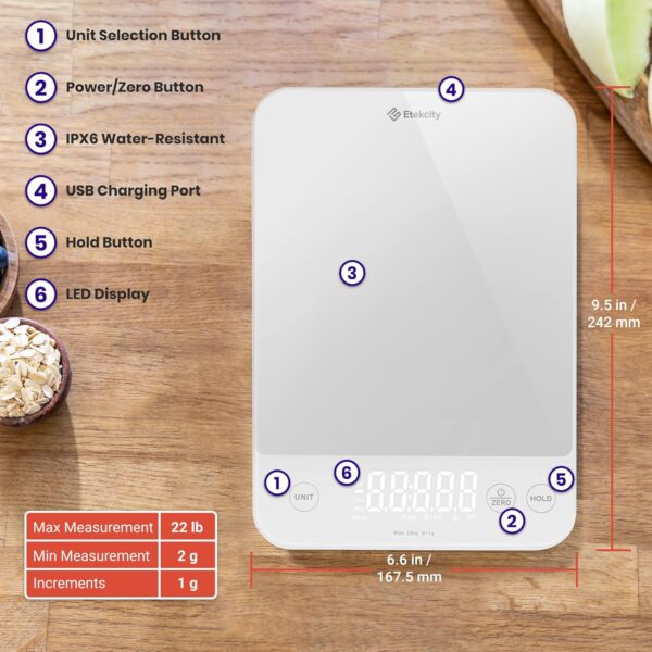 Etekcity Food Kitchen Scale, 22lb Digital Weight Scale Grams and Ounces Rechargeable Waterproof Tool for Weight Loss, Cooking, Baking, Meat, Bread, Large 0.05oz/1g Accuracy - Image 8