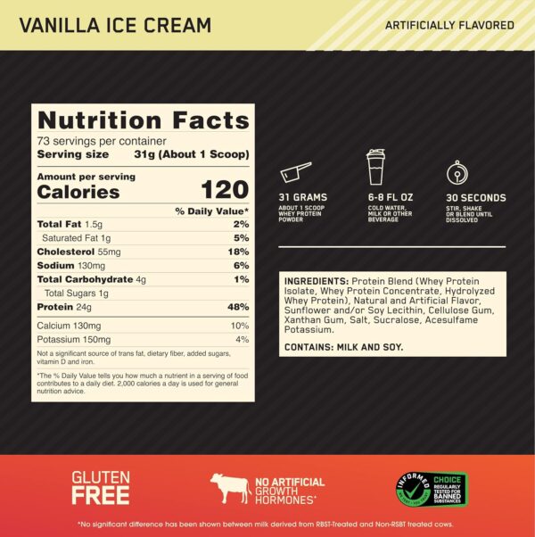 Optimum Nutrition Gold Standard 100% Whey Protein Powder, Vanilla Ice Creme, 5 Pound (Packaging May Vary) - Image 6