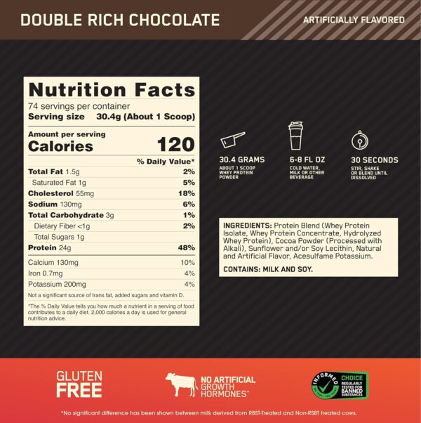 Optimum Nutrition Gold Standard 100% Whey Protein Powder, Double Rich Chocolate, 5 Pound (Packaging May Vary) - Image 4