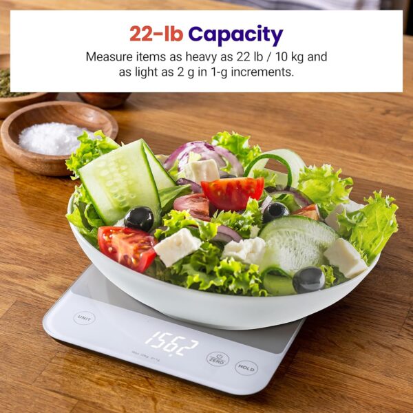 Etekcity Food Kitchen Scale, 22lb Digital Weight Scale Grams and Ounces Rechargeable Waterproof Tool for Weight Loss, Cooking, Baking, Meat, Bread, Large 0.05oz/1g Accuracy - Image 3