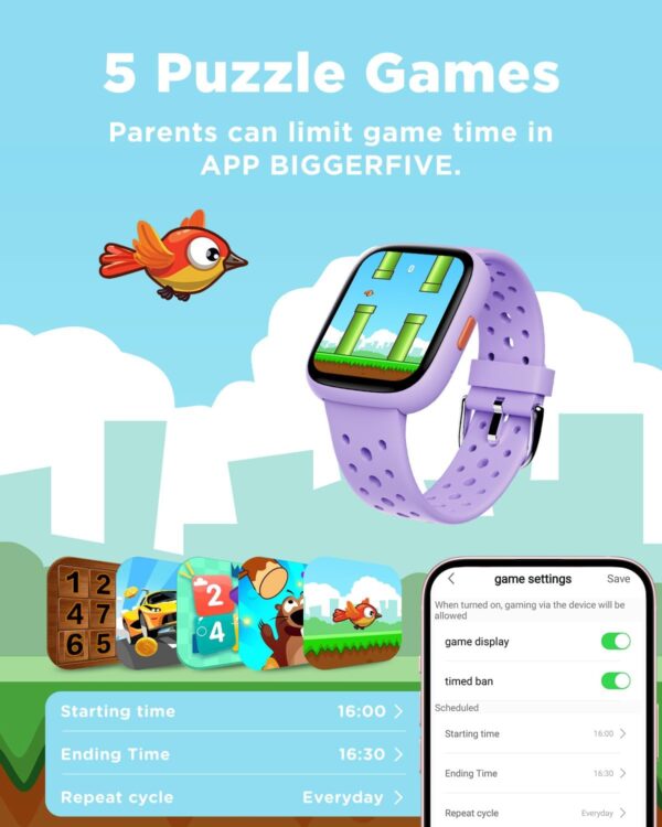 BIGGERFIVE Smart Watch for Kids No APP No Phone Needed, 1.8" Fitness Tracker Watch Pedometer, Heart Rate, Sleep Monitor, IP68 Waterproof, Step Counter, Puzzle Games for Girls Teens 5-16, Lilac - Image 7