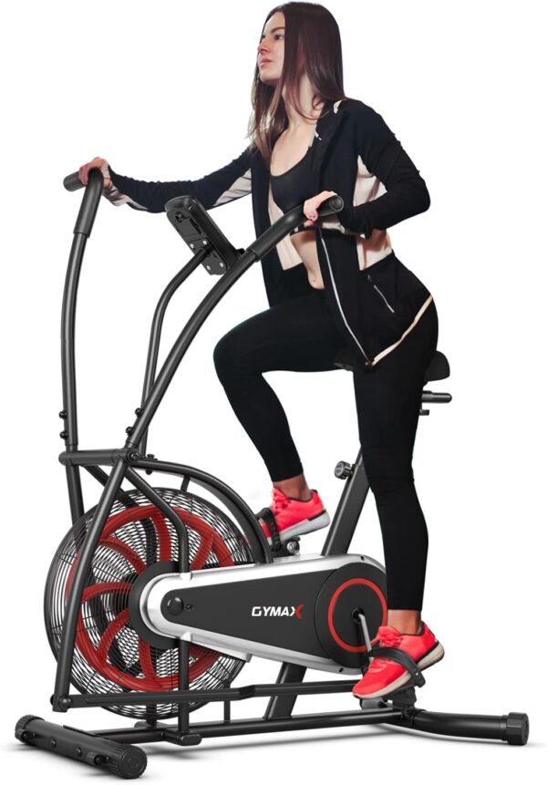 GYMAX Fan Bike, Air Resistance Upright Bike with LCD Monitor, Phone Holder & Built-in Wheels, Fully Adjustable Stationary Exercise Bike for Home Gym Cardio Training Workout Fitness - Image 2