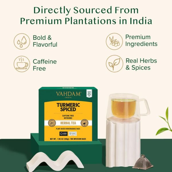 VAHDAM, Turmeric Spice Herbal Tea Bags (100 Pyramid Tea Bags) | Caffeine Free, Non GMO & Gluten Free | Turmeric Ginger Tisane with Cardamom, Cinnamon, Lemongrass & Black Pepper - Image 5