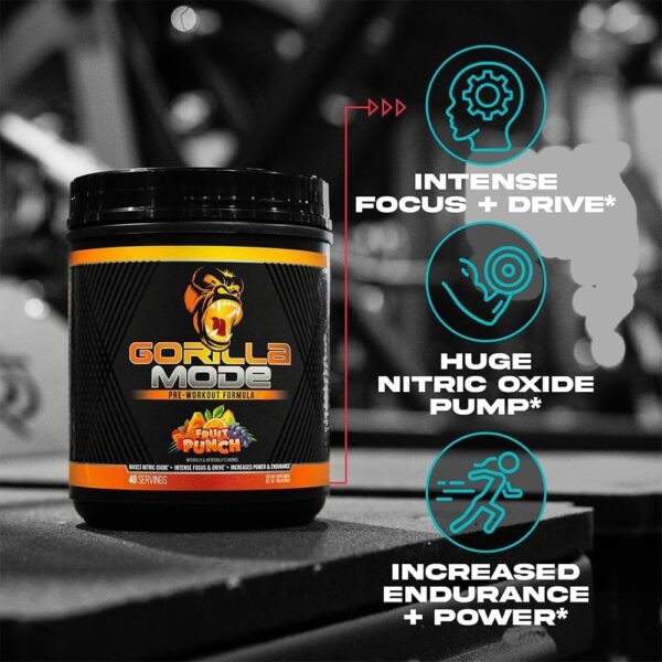 Gorilla Mode Pre Workout - Massive Pumps · Laser Focus · Energy · Power - L-Citrulline, Creatine, L-Tyrosine, Betaine, Hydroprime®, Alpha-GPC, 400mg Caffeine, Huperzine A – 816g (Strawberry Kiwi) - Image 4