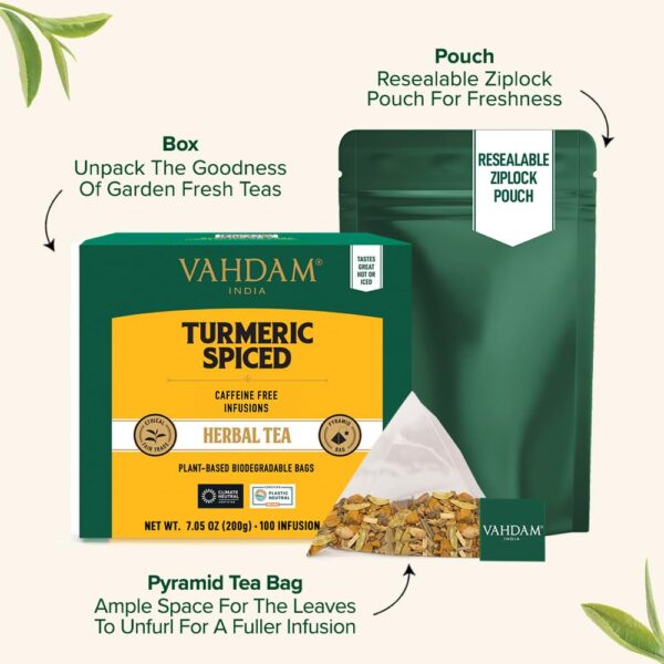 VAHDAM, Turmeric Spice Herbal Tea Bags (100 Pyramid Tea Bags) | Caffeine Free, Non GMO & Gluten Free | Turmeric Ginger Tisane with Cardamom, Cinnamon, Lemongrass & Black Pepper - Image 4
