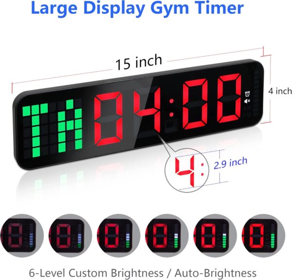 Gym Timer, 15" Large Digital Wall Clock for Gym Interval Workout Timer with Time Progress Bar Countdown/Up Stopwatch, Remote Control for Home Gym Garage Boxing Crossfit Fitness - Image 3