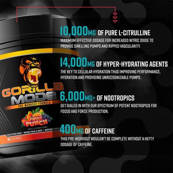 Gorilla Mode Pre Workout - Massive Pumps · Laser Focus · Energy · Power - L-Citrulline, Creatine, L-Tyrosine, Betaine, Hydroprime®, Alpha-GPC, 400mg Caffeine, Huperzine A – 816g (Strawberry Kiwi) - Image 6
