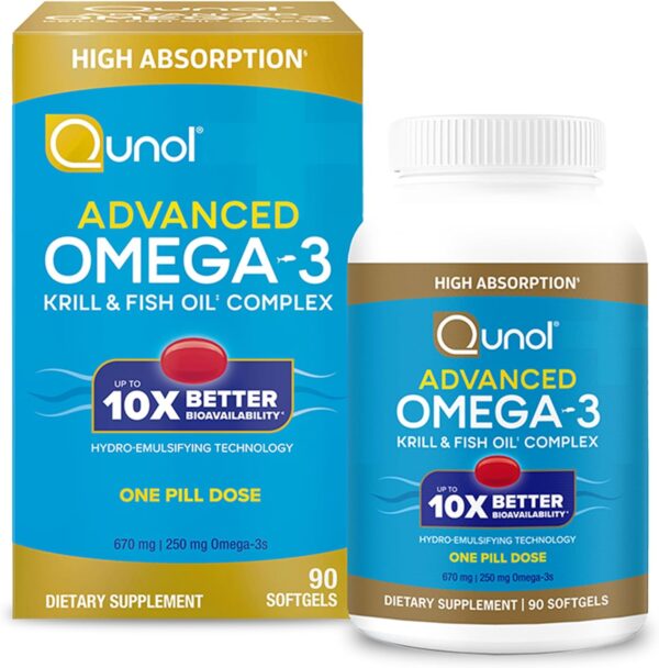 Qunol Advanced Omega 3 Krill and Fish Oil Complex, 10x Better Bioavailability, One Pill Dose, 250mg EPA & DHA, Supports Brain, Eye, Heart and Joint Health, 90 Count (Pack of 1) - Image 2