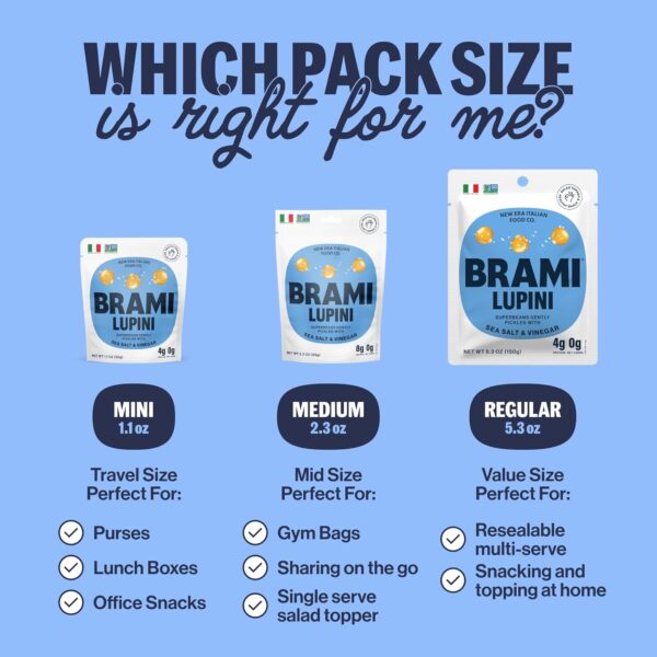 Brami Lupini Beans Snack, Variety | 9g Plant Protein, 0g Net Carbs | Vegan, Vegetarian, Keto, Mediterranean Diet | 2.3 Ounce (Pack of 8) - Image 3