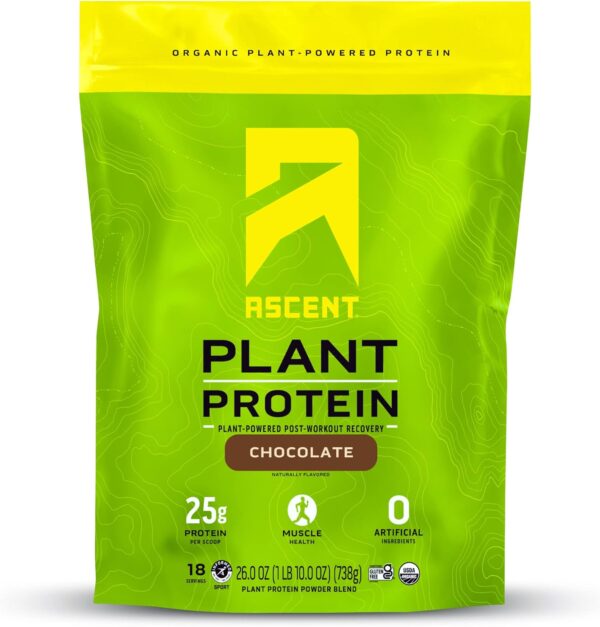 Ascent Plant Based Protein Powder - Non Dairy Vegan Protein, Zero Artificial Ingredients, Soy & Gluten Free, No Added Sugar, 4g BCAA, 2g Leucine - Chocolate, 18 Servings - Image 2