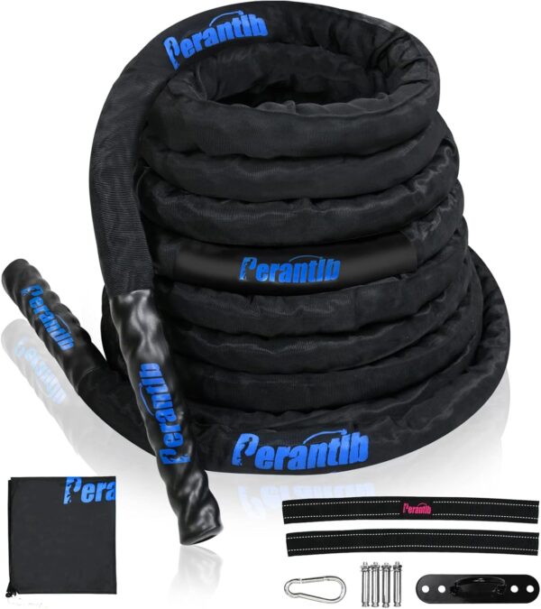 Perantlb Battle rope with wear-resistant nylon protective sleeve ，Heavy Battle Rope for Strength Training Home Fitness Exercise Rope， Anchor Strap Kit Included - Image 2