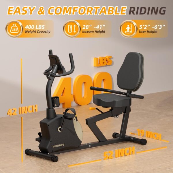 VANSWE Recumbent Exercise Bike, Recumbent Stationary Bikes for Home 400 LBS Weight Capacity, Exercise Bike for Home Seniors with Smart App and Bluetooth Connectivity, LED Display, Pulse Handle - Image 6