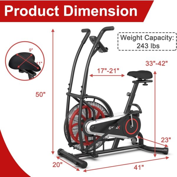 GYMAX Fan Bike, Air Resistance Upright Bike with LCD Monitor, Phone Holder & Built-in Wheels, Fully Adjustable Stationary Exercise Bike for Home Gym Cardio Training Workout Fitness - Image 8