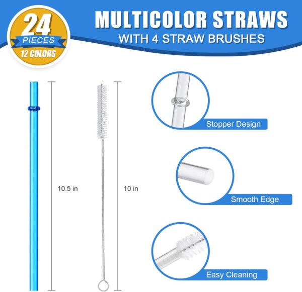 24 PCS, Reusable Straws with 4 Brushes, 10.5" Long Tritan Hard Plastic Straws, 12 Colors Translucent Replacement Drinking for 16OZ-32 OZ Tumblers, Cups, Jars, Stanley, YETI, Starbucks, BPA Free - Image 4