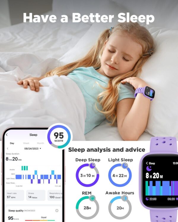 BIGGERFIVE Smart Watch for Kids No APP No Phone Needed, 1.8" Fitness Tracker Watch Pedometer, Heart Rate, Sleep Monitor, IP68 Waterproof, Step Counter, Puzzle Games for Girls Teens 5-16, Lilac - Image 5