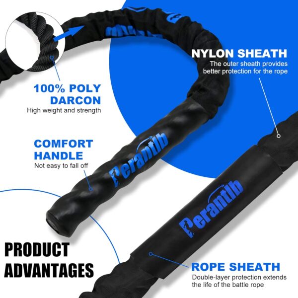 Perantlb Battle rope with wear-resistant nylon protective sleeve ，Heavy Battle Rope for Strength Training Home Fitness Exercise Rope， Anchor Strap Kit Included - Image 4
