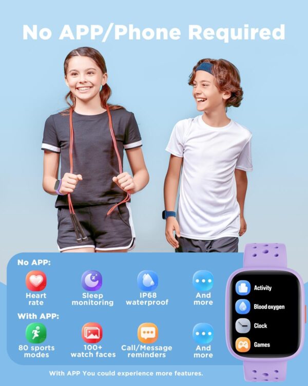 BIGGERFIVE Smart Watch for Kids No APP No Phone Needed, 1.8" Fitness Tracker Watch Pedometer, Heart Rate, Sleep Monitor, IP68 Waterproof, Step Counter, Puzzle Games for Girls Teens 5-16, Lilac - Image 3