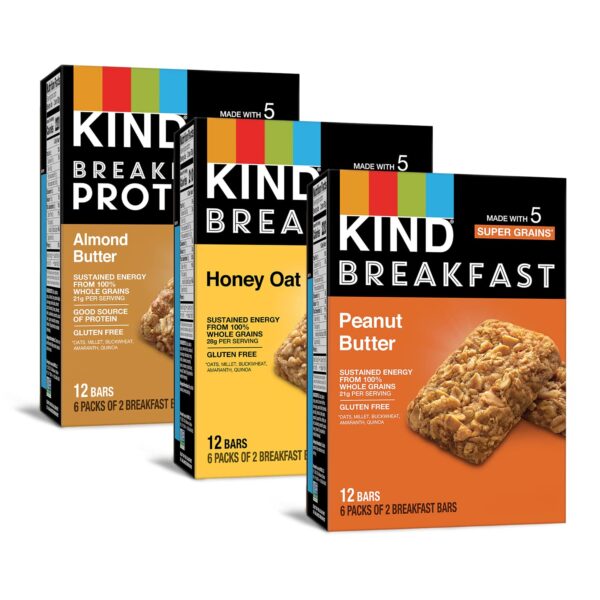 KIND Breakfast Bars, Variety Pack, Honey Oat, Almond Butter, Peanut Butter, Healthy Snacks, Gluten Free, Up to 8g Protein, 18 Count - Image 2