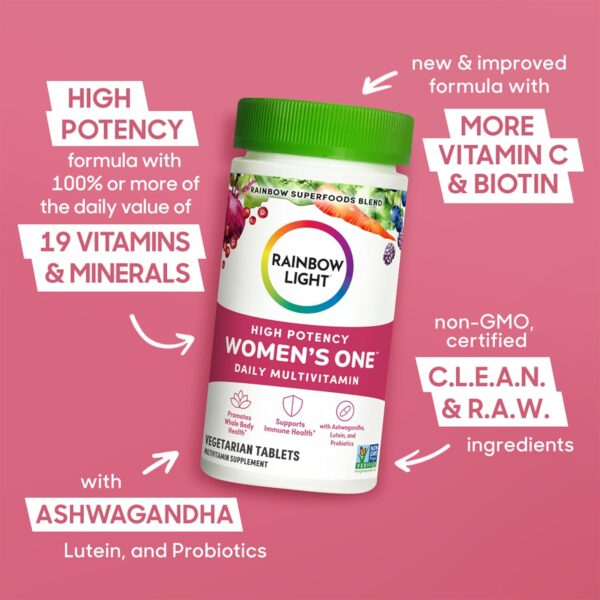 Rainbow Light Womens One High-Potency Daily Multivitamin, Womens Multivitamin Provides High-Potency Immune Support, With Vitamin C, Biotin and Ashwagandha, Vegetarian, 30 Count - Image 4