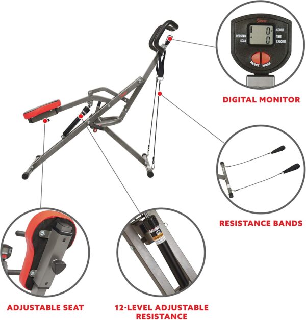 Sunny Health & Fitness Row-N-Ride PRO, Full Body Combo Squat Machine w/Optional Resistance Band, Easy Setup Ab Workout Exercise Equipment for Home, Whole Body Cardio, Optional SunnyFit App Connection - Image 3