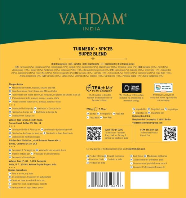 VAHDAM, Turmeric Spice Herbal Tea Bags (100 Pyramid Tea Bags) | Caffeine Free, Non GMO & Gluten Free | Turmeric Ginger Tisane with Cardamom, Cinnamon, Lemongrass & Black Pepper - Image 10