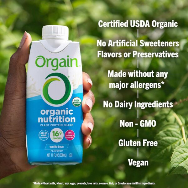 Orgain Organic Nutritional Vegan Protein Shake, Vanilla Bean - 16g Plant Based Protein, Meal Replacement, 21 Vitamins & Minerals, Fruits & Vegetables, Gluten Free, Non-GMO, 11 Fl Oz (Pack of 12) - Image 5