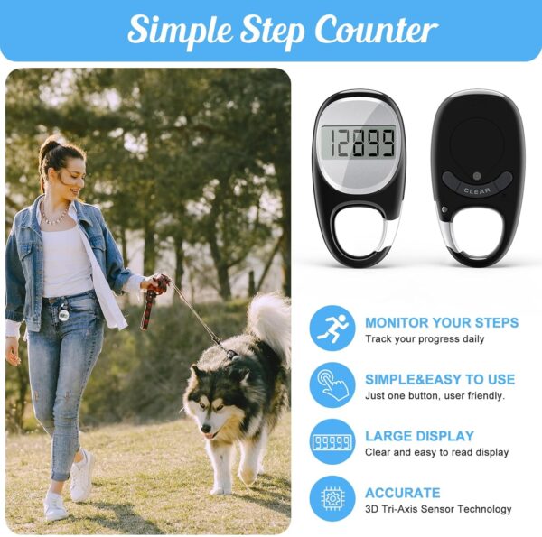 Simple Pedometer for Walking, Accurate Step Tracker with Carabiner, 3D Step Counter for Men Women Kids Seniors - Image 3