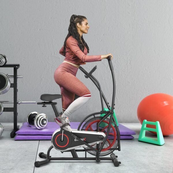 GYMAX Fan Bike, Air Resistance Upright Bike with LCD Monitor, Phone Holder & Built-in Wheels, Fully Adjustable Stationary Exercise Bike for Home Gym Cardio Training Workout Fitness - Image 9