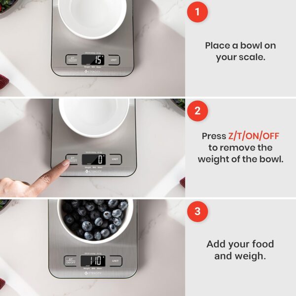 Etekcity Food Kitchen Scale, Digital Grams and Ounces for Weight Loss, Baking, Cooking, Keto and Meal Prep, LCD Display, Medium, 304 Stainless Steel - Image 6