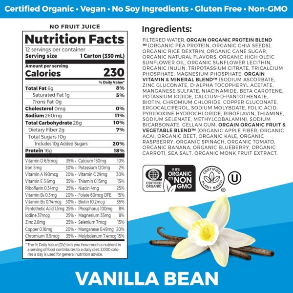 Orgain Organic Nutritional Vegan Protein Shake, Vanilla Bean - 16g Plant Based Protein, Meal Replacement, 21 Vitamins & Minerals, Fruits & Vegetables, Gluten Free, Non-GMO, 11 Fl Oz (Pack of 12) - Image 3