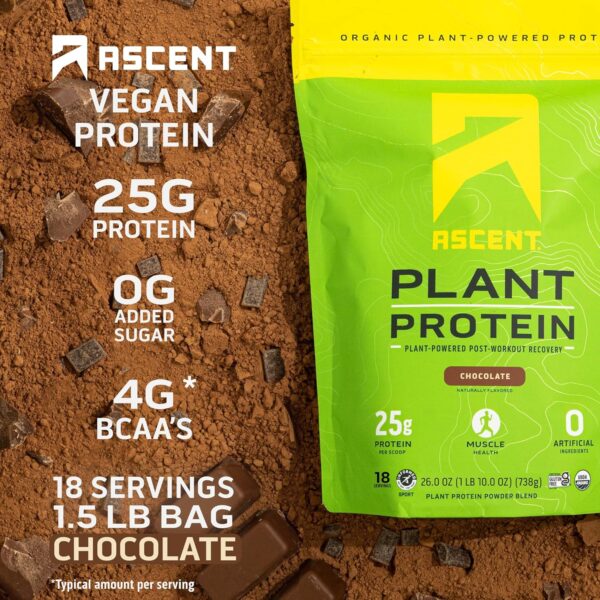 Ascent Plant Based Protein Powder - Non Dairy Vegan Protein, Zero Artificial Ingredients, Soy & Gluten Free, No Added Sugar, 4g BCAA, 2g Leucine - Chocolate, 18 Servings - Image 3