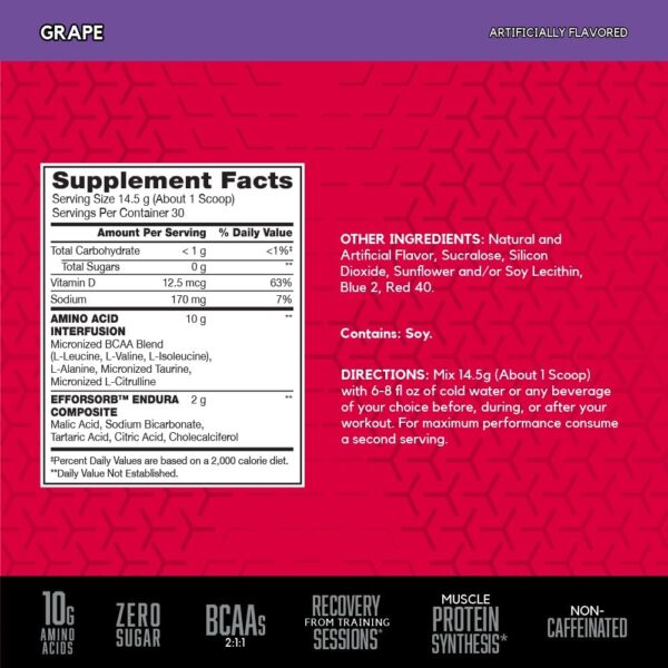 BSN Amino X Muscle Recovery & Endurance Powder with BCAAs, Intra Workout Support, 10 Grams of Amino Acids, Keto Friendly, Caffeine Free, Flavor: Grape, 30 Servings (Packaging May Vary) - Image 3