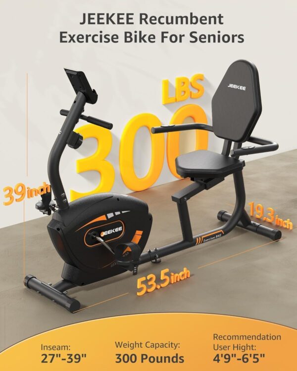 JEEKEE Recumbent Exercise Bike for Seniors,Stationary Bikes for Home, 300LB Capacity & 16 Levels Magnetic Resistance, Heart Rate Handle - Image 7