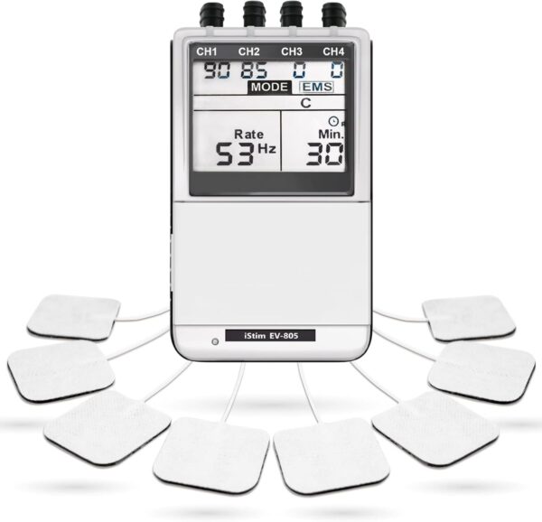iSTIM EV-805 TENS EMS 4 Channel Rechargeable Combo Machine Unit - Muscle Stimulator + Back Pain Relief and Management- 24 Programs/Backlit (Including Electrodes Pads) - Image 2