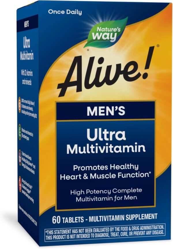 Nature's Way Alive! Men's Daily Ultra Multivitamin, High Potency Formula, Promotes Healthy Heart & Muscle Function*, with Methylated B12, Gluten Free, 60 Tablets (Packaging May Vary) - Image 2