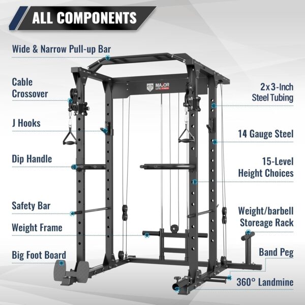 MAJOR LUTIE Power Cage, PLM03 1400 lbs Multi-Function Power Rack with Adjustable Cable Crossover System and More Training Attachment - Image 4