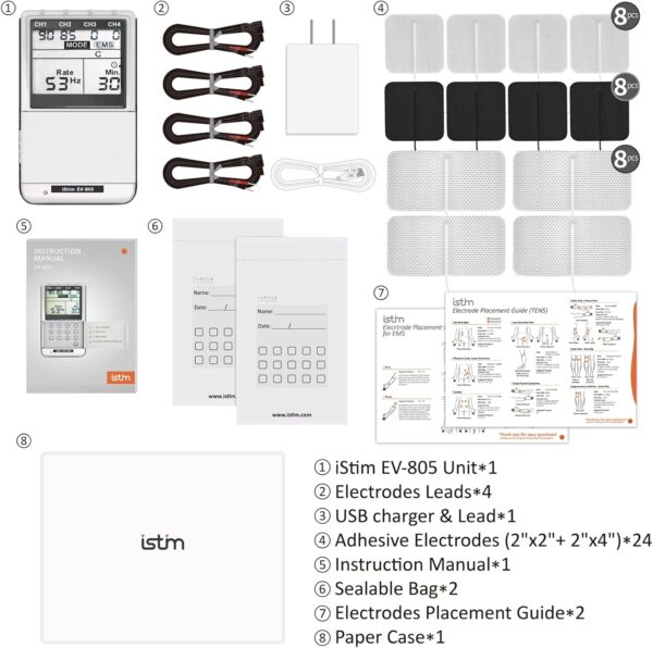 iSTIM EV-805 TENS EMS 4 Channel Rechargeable Combo Machine Unit - Muscle Stimulator + Back Pain Relief and Management- 24 Programs/Backlit (Including Electrodes Pads) - Image 8