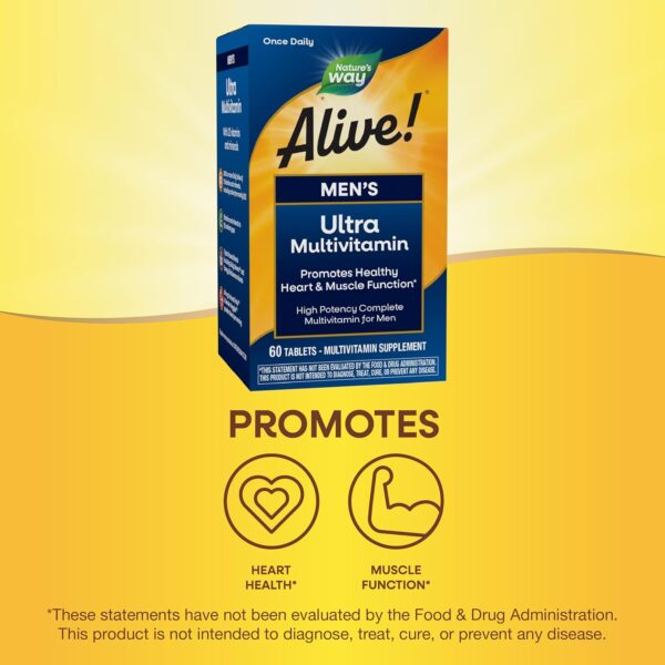 Nature's Way Alive! Men's Daily Ultra Multivitamin, High Potency Formula, Promotes Healthy Heart & Muscle Function*, with Methylated B12, Gluten Free, 60 Tablets (Packaging May Vary) - Image 5