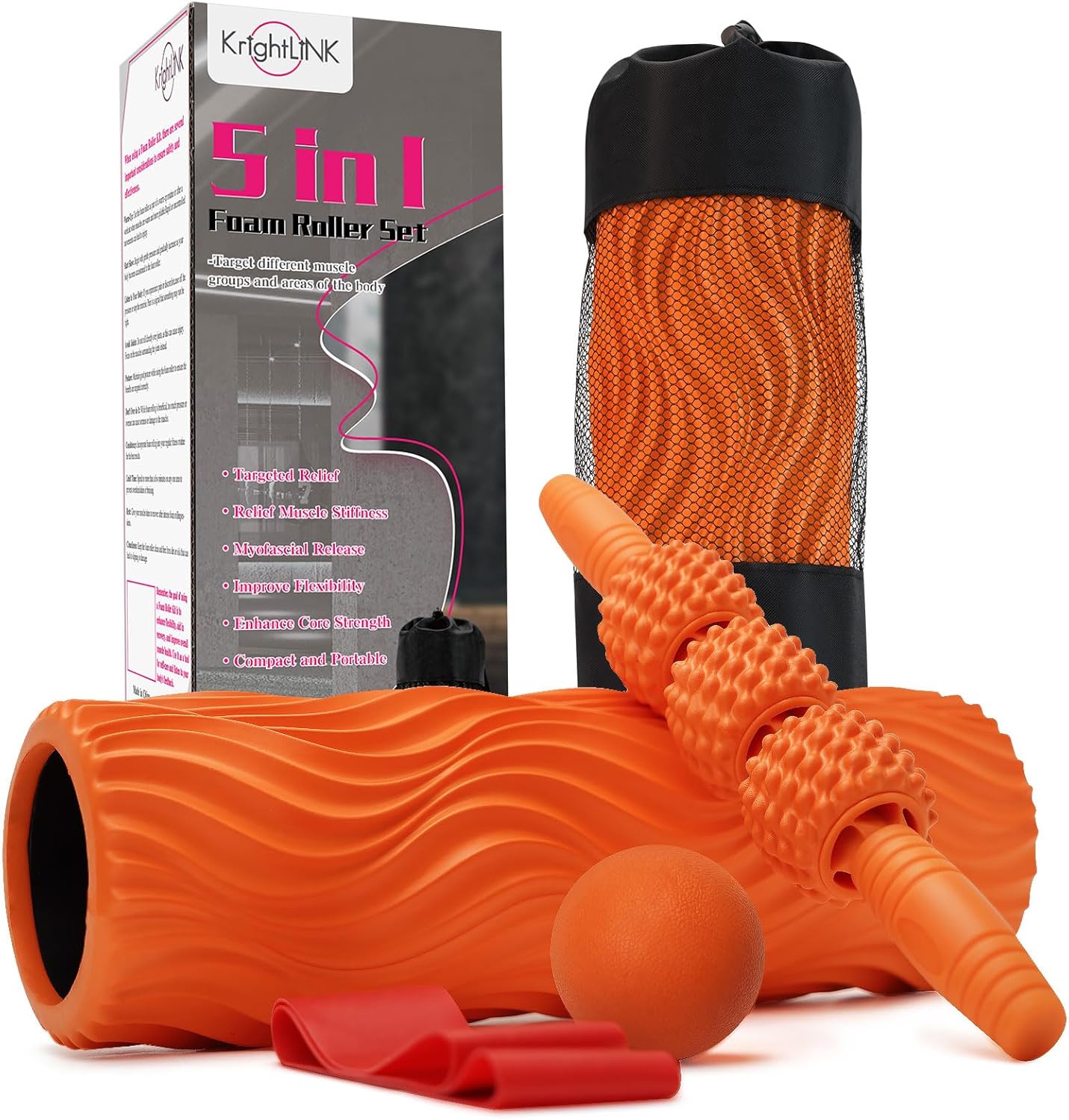 5 in 1 Foam Roller Set Muscle Massage Foam Ripple Roller for Deep Tissue Massage of The Back and Leg Muscles, Relieves Muscle Pain & Tightness, Improves Mobility (Orange) - Image 2