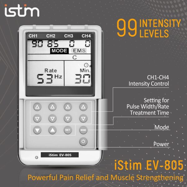 iSTIM EV-805 TENS EMS 4 Channel Rechargeable Combo Machine Unit - Muscle Stimulator + Back Pain Relief and Management- 24 Programs/Backlit (Including Electrodes Pads) - Image 5