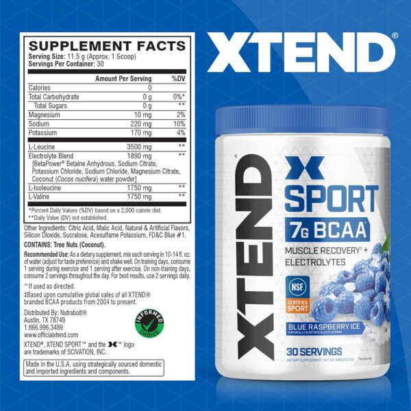 XTEND Sport BCAA Powder Blue Raspberry Ice - Electrolyte Powder for Recovery & Hydration with Amino Acids - 30 Servings - Image 3