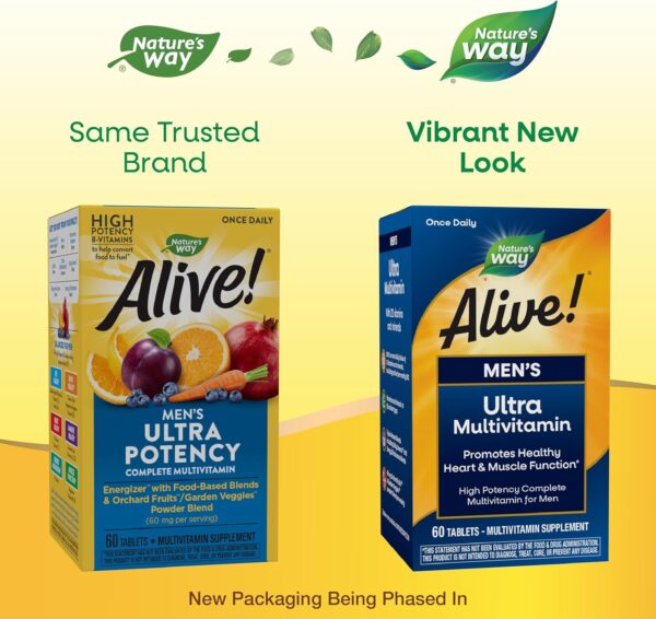 Nature's Way Alive! Men's Daily Ultra Multivitamin, High Potency Formula, Promotes Healthy Heart & Muscle Function*, with Methylated B12, Gluten Free, 60 Tablets (Packaging May Vary) - Image 3