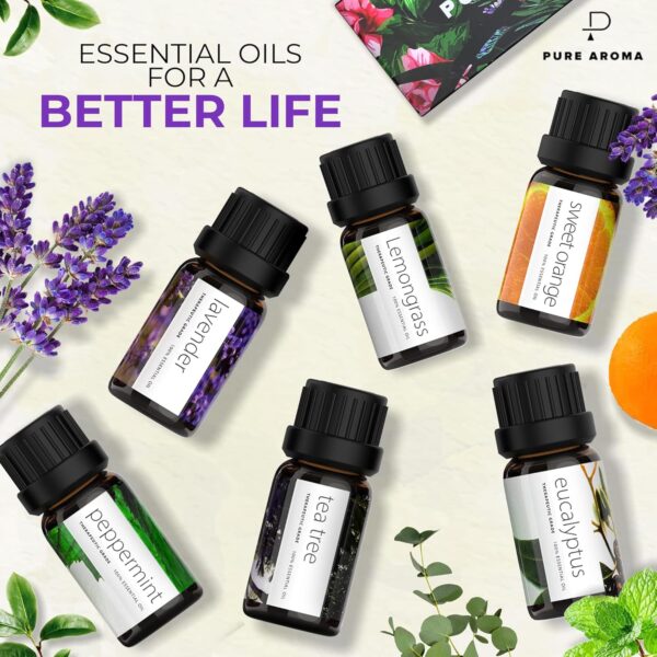 Essential Oils Set by Pure Aroma - Top 6 Aromatherapy Oils Gift Set-6 Pack, 10ml (Eucalyptus, Lavender, Lemongrass, Sweet Orange, Peppermint, Tea Tree) - Image 3