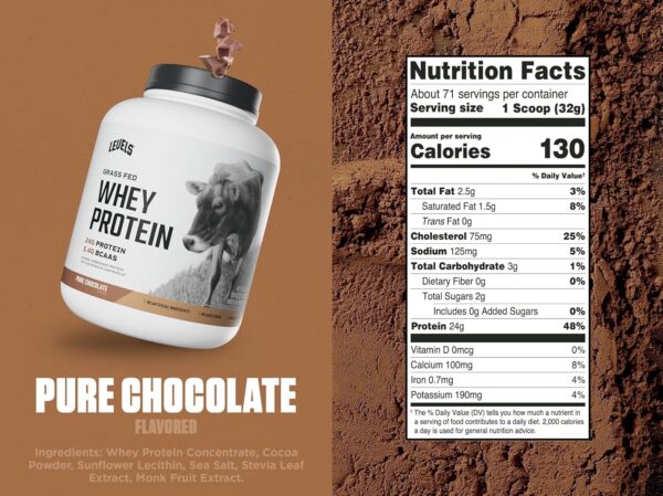 Levels Grass Fed Whey Protein Powder, No Artificials, 24G of Protein, Pure Chocolate, 5LB - Image 4