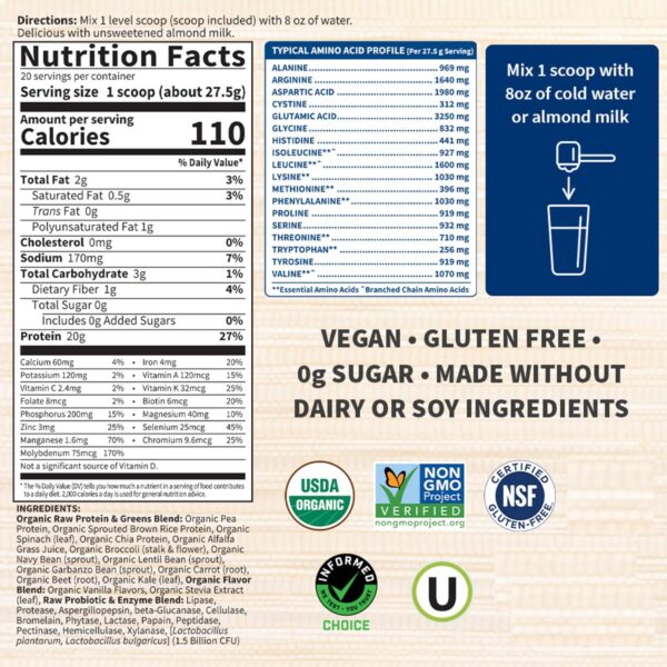 Garden of Life Raw Organic Protein & Greens - Vanilla - Vegan Protein Powder for Women and Men, Plant Protein, Pea Protein, Greens & Probiotics - Dairy Free, Gluten Free Low Carb Shake, 20 Servings - Image 6