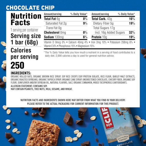 CLIF BAR - Chocolate Chip - Made with Organic Oats - Energy Bars - Non-GMO - Plant Based Protein Bars (15 Pack) - Image 7