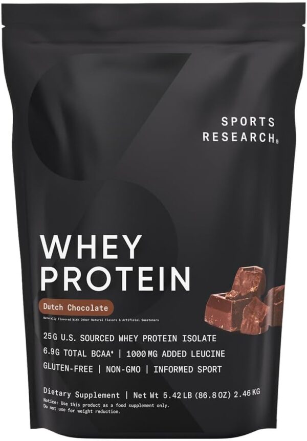 Sports Research Whey Protein - Sports Nutrition Whey Isolate Protein Powder for Lean Muscle Building & Workout Recovery - 5 lb Bag Bulk Protein Powder 25g per Serving - Dutch Chocolate, 56 Servings - Image 2