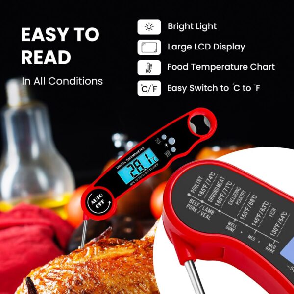 Meat Thermometer - Instant Read Digital Cooking Thermometer for Grilling & BBQ, IP67 Waterproof, LED Backlight, Auto Shut Off, 4.7 Inch 180° Foldable Probe, Built-in Bottle Opener & Fridge Magnet - Image 7